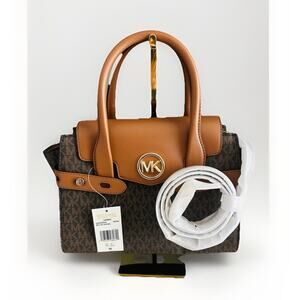 NWT Michael Kors Carmen Medium Flap Satchel Brown Handbag MK Crossbody Bag Purse
